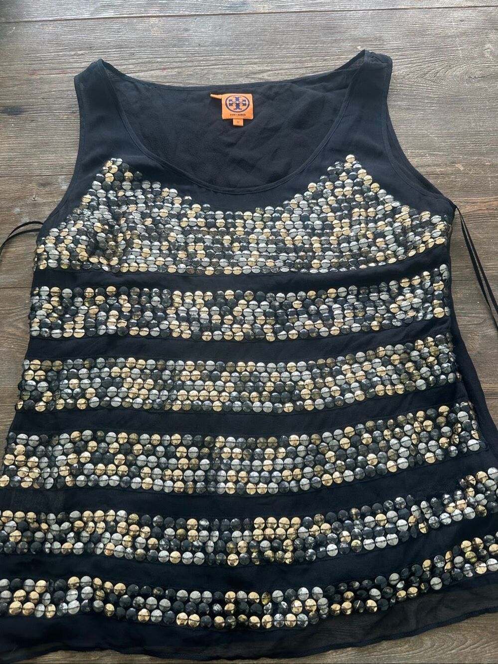 Tory Burch 100% Silk Sequin Tank Top Black Gold Silver Sleeveless Blouse 12